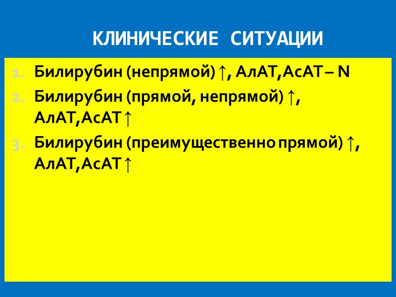 КЛИНИЧЕСКИЕ СИТУАЦИИ Билирубин (непрямой) ↑, АлАТ,АсАТ – N Билирубин (прямой, непрямой) ↑, АлАТ,АсАТ ↑